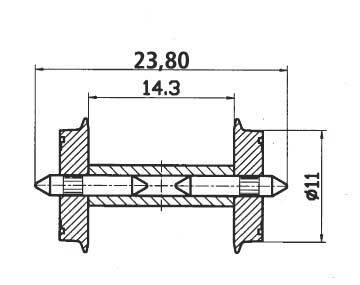 RO40193: H0 Gelijkstroom wielen - 11 mm - met gedeelde as - voor rijtuigen type N28 - 2 assen