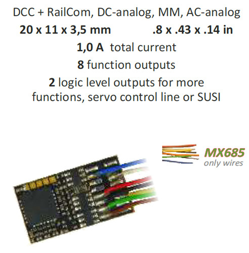 ZIMX685: Functie-decoder, DCC, MM - 1,0A - 8 functie-uitgangen, 2 servo-aansluitingen, 7...
