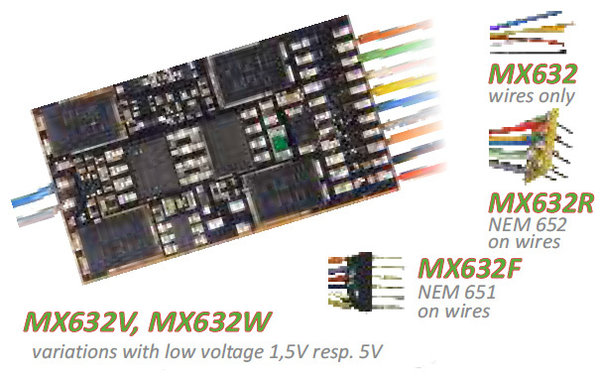 ZIMX632V: H0, 0 - Locdecoder Multiprotocol 1,8A - 8 functie-uitgangen - met 1,5V voor...