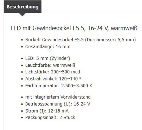 TE81-40321-02: LED met lampvoetje Cylinder - 5 mm (E5.5) 16-22V 12-18mA Warmwit - 2 stuks