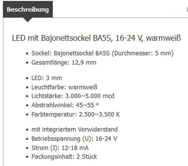 TE81-40421-02: LED met lampvoetje bajonet - 3 mm (Ba5s) 16-24V 12-18mA Warmwit - 2 stuks