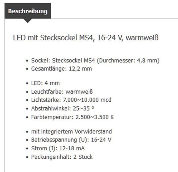 TE81-40521-02: LED met lampvoetje Steeksockel  - 4 mm (MS4) 16-24V 12-18mA Warmwit - 2 stuks