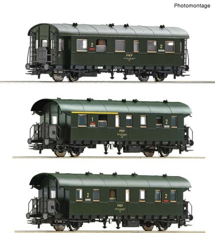 RO74019: Noviteit: H0 - 3-delig set 2-assige Personenrijtuigen 1e/2e klas, en 2e klas (2x), PKP...
