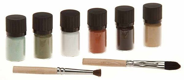 FA170695: Patina-set met kleurpigmenten zwart, wit, roest, mos, zand, kopergroen, mat - 10 gram