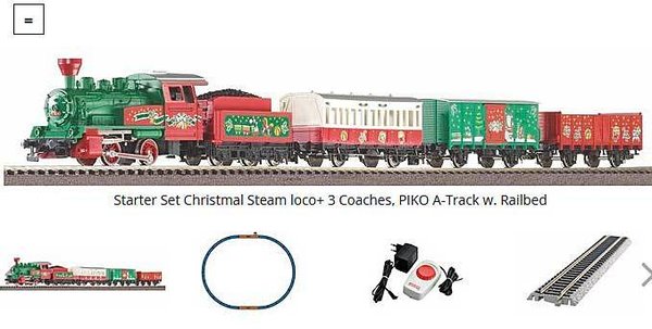 PK57081: Startset Kersttrein: Stoomloc met tender en 3 wagons, railovaal met beddingrails (110 x 88