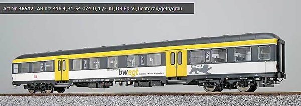 ES36512: Noviteit: H0 - 4-assig Personenrijtuig  AB nrz 418.4, 31-34 074-0 1e en 2e klas, DB...