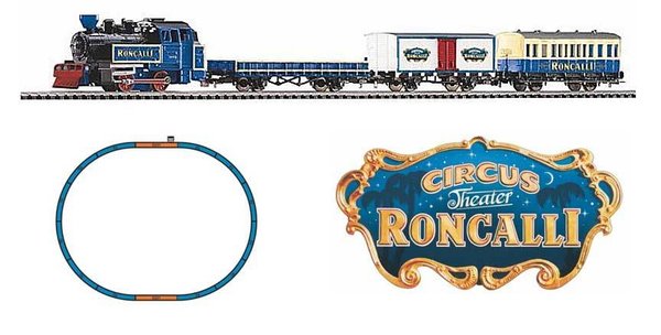 PK57142: Startset Circustrein Roncalli: Stoomloc met 3 goederenwagens, railovaal met beddingrails